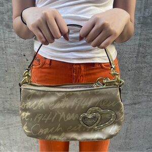 Coach Metallic Gold Script Mini Shoulder Bag with Heart Accent